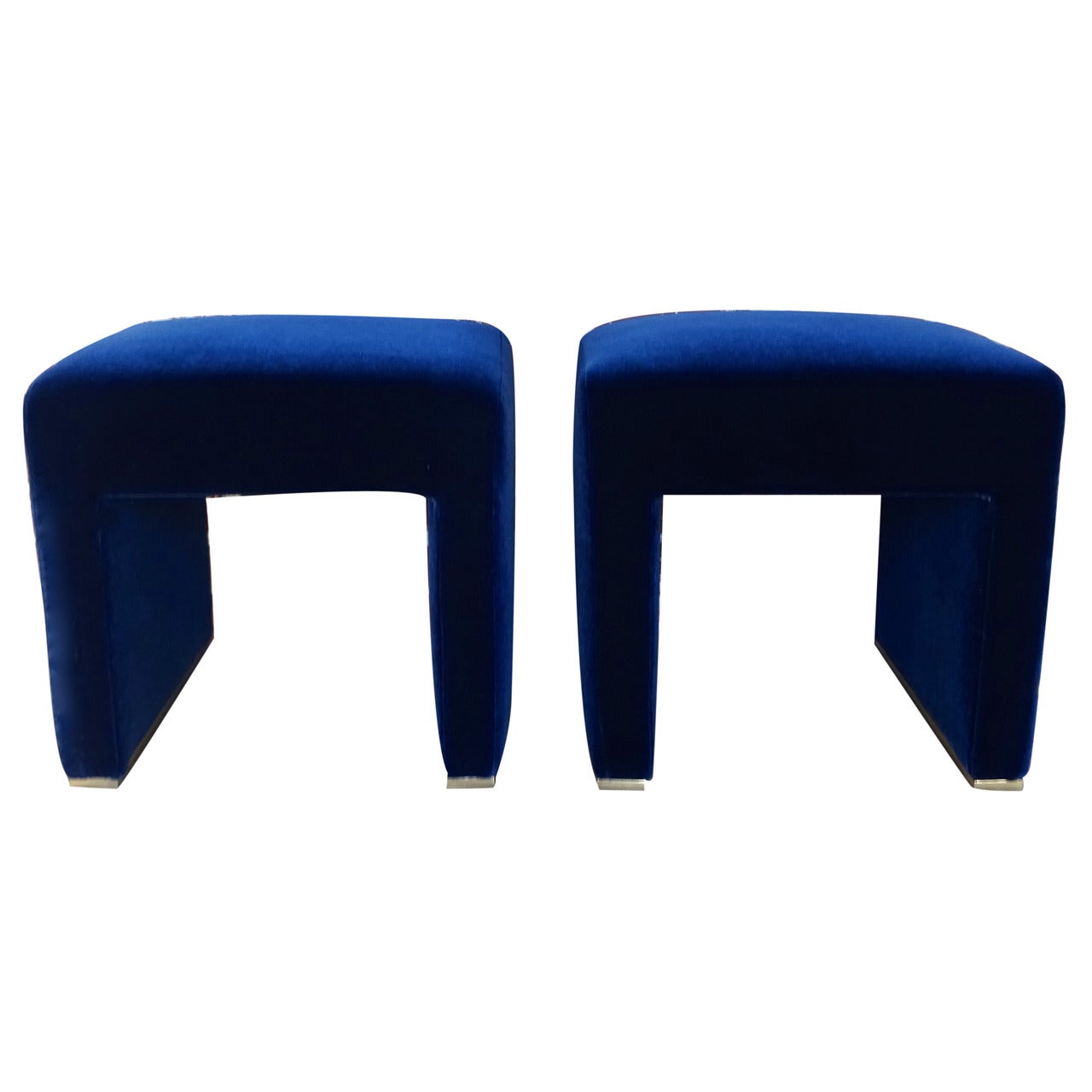 Sleek Pair of 1970s Sapphire Mohair Covered Benches