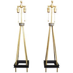 Tall Pair of 1950s Architectural Brass Table Lamps 12