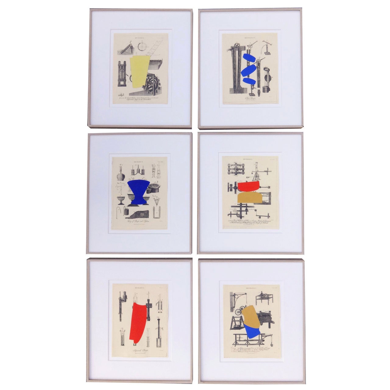 Set of Six Abstract Henry Turmon Paintings on Mechanical Blueprints, California circa 1990