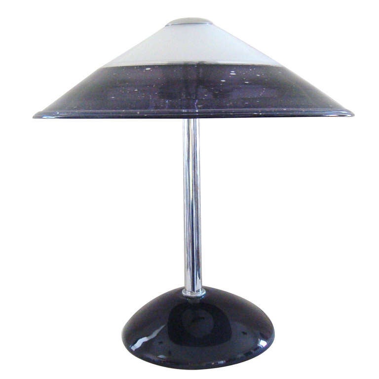 Great Barbini Murano table lamp with purple and white art glass shade, black glass base, with chrome center rod, mid-1980s, Italy. Interesting spotted design on art glass shade. Signed on shade with etched signature and original applied label.