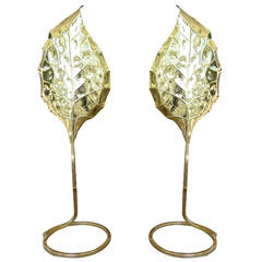 Pair of 1970s Italian Tomasso Barbi Brass Leaf Table Lamps