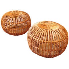 Large Pair of Franco Albini Woven Rattan Ottomans