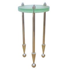 Modernist 1970s French Sandblasted Glass and Nickel Gueridon Table 1