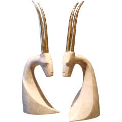Monumental Pair of Marble and Brass Gazelle Sculptures