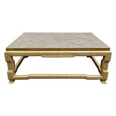 Fabulous 1970s Leather Wrapped and Fossil Stone Cocktail Table