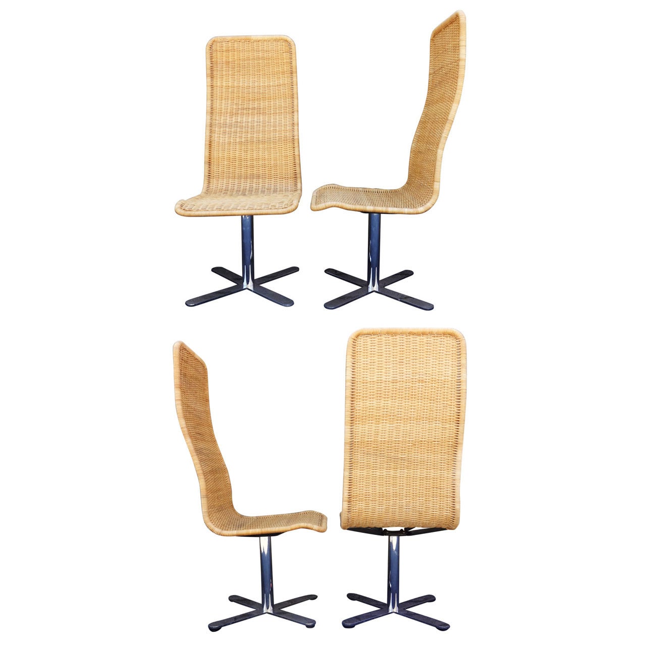 Set of Four Italian High Back Wicker and Chrome Dining Chairs For Sale