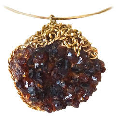 Sculptural 1970s Raw Topaz and Gold Pendant