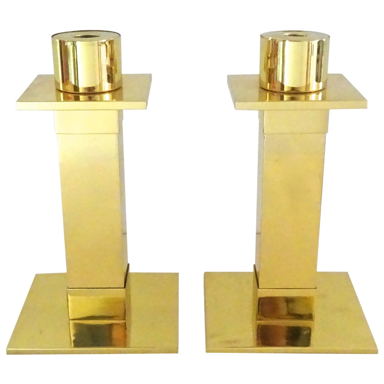Architectural Pair of 1970s Lorin Marsh Brass Candleholders