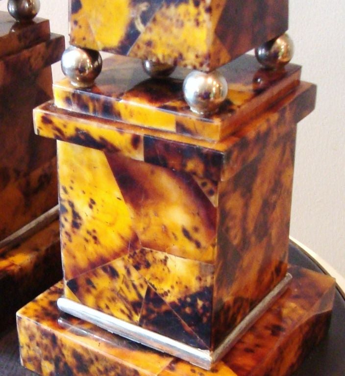Late 20th Century 1970's Pair of Faux Tortoise and Nickel Obelisks