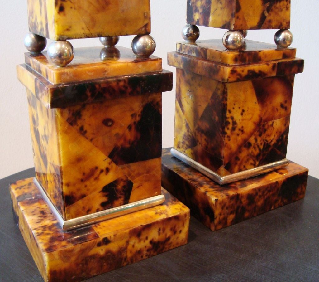 1970's Pair of Faux Tortoise and Nickel Obelisks 1