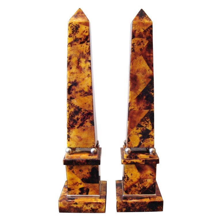 1970's Pair of Faux Tortoise and Nickel Obelisks