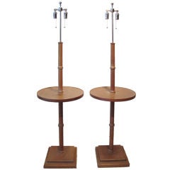 Pair of 1940's Pickled Mahogany Faux Bamboo Floor Lamps