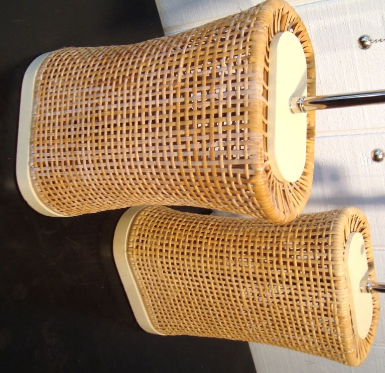 American Pair of 1950's Modern Woven Rattan Table Lamps