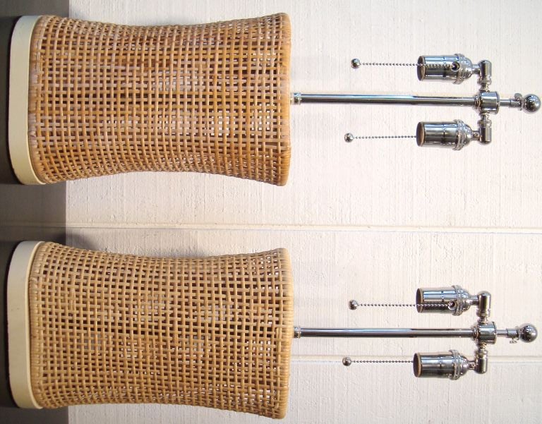 Pair of 1950's Modern Woven Rattan Table Lamps In Excellent Condition In Washington, DC