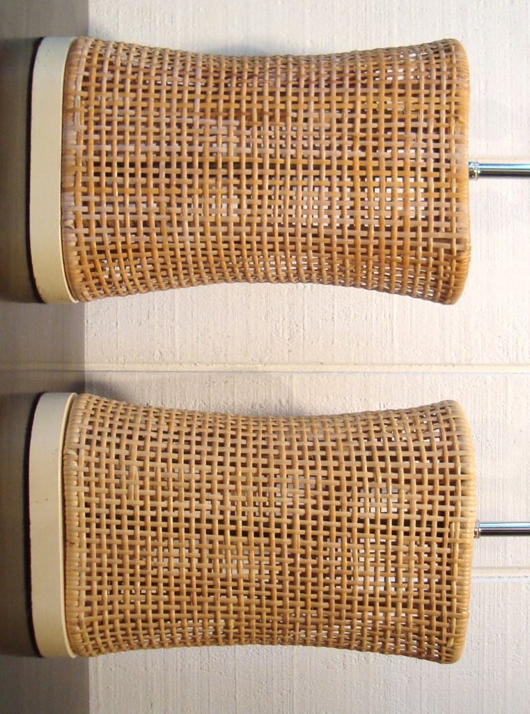 Mid-20th Century Pair of 1950's Modern Woven Rattan Table Lamps