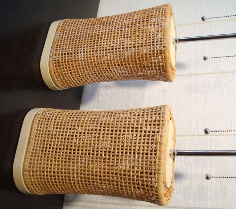 Wood Pair of 1950's Modern Woven Rattan Table Lamps