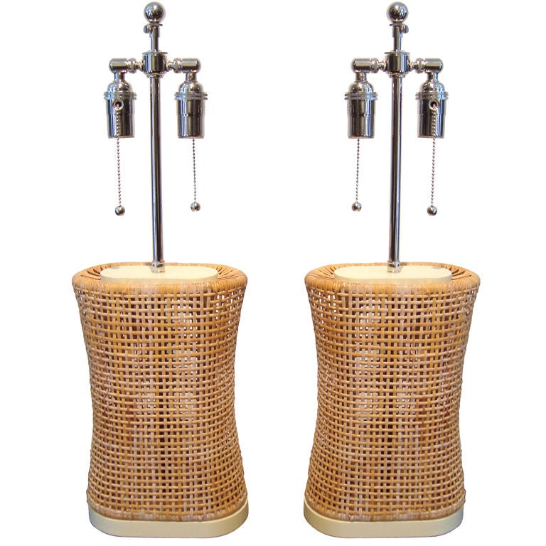 Pair of 1950's Modern Woven Rattan Table Lamps