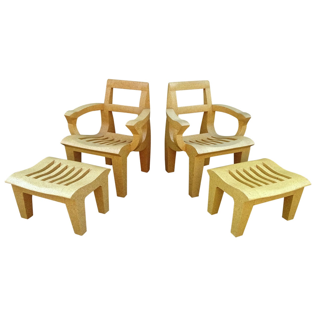 Sculptural Pair of Kevin Walz Solid Cork Lounge Chairs and Ottomans, 1998 For Sale