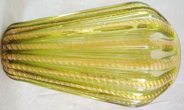 Italian Large Green Barovier Murano Glass Cordonato D'oro Vase