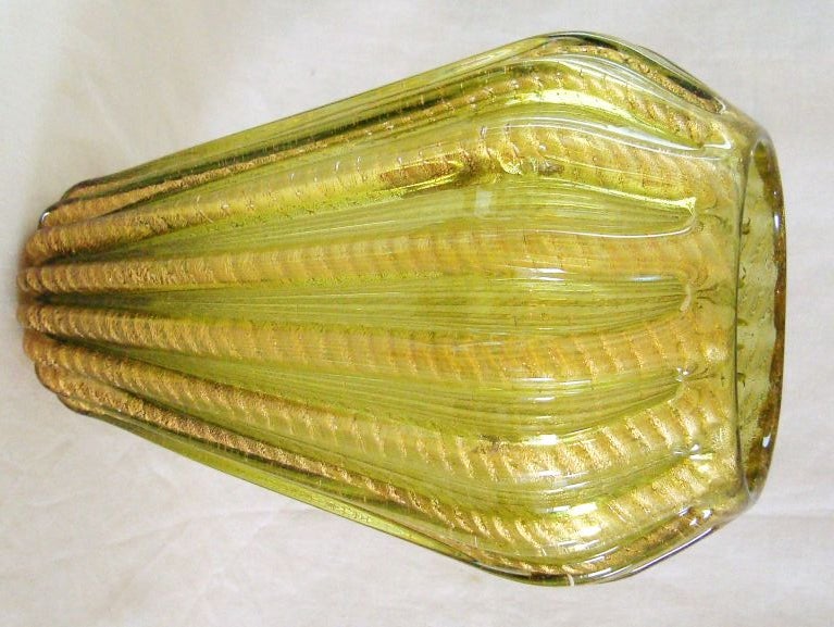 Large Green Barovier Murano Glass Cordonato D'oro Vase 4