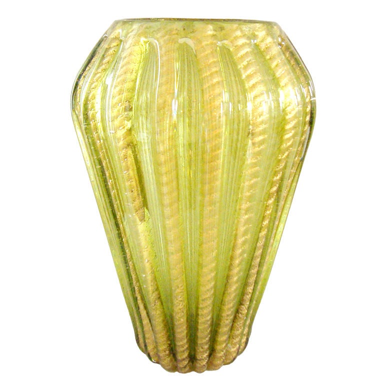Large Green Barovier Murano Glass Cordonato D'oro Vase