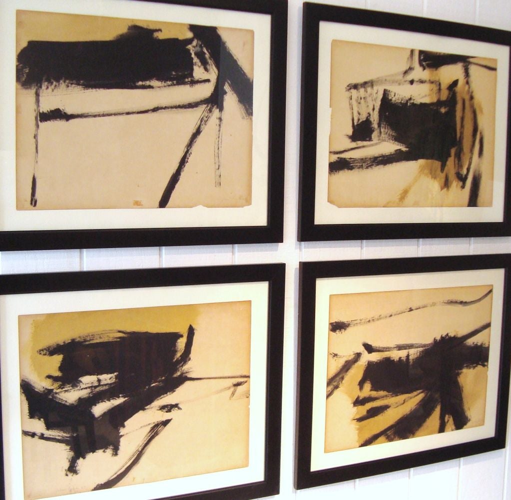 Set of four 1950's abstract expressionist ink wash and tempera paintings on paper, very much in the style of Franz Kline or Robert Motherwell.  These pieces are dated 1957 and signed in pencil, unfortunately illegibly, so we are unsure of the