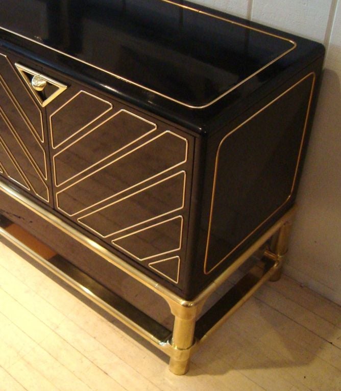 Late 20th Century Sleek 1970's Black Lacquer and Brass Mastercraft Sideboard