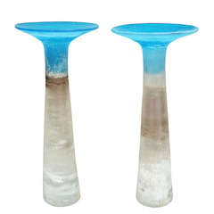 Monumental Pair of 1970's Cenedese Murano Scavo Glass Candle Holders