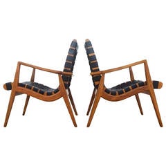 Sculptural Pair of 1950s Mel Smilow Walnut and Leather Lounge Chairs