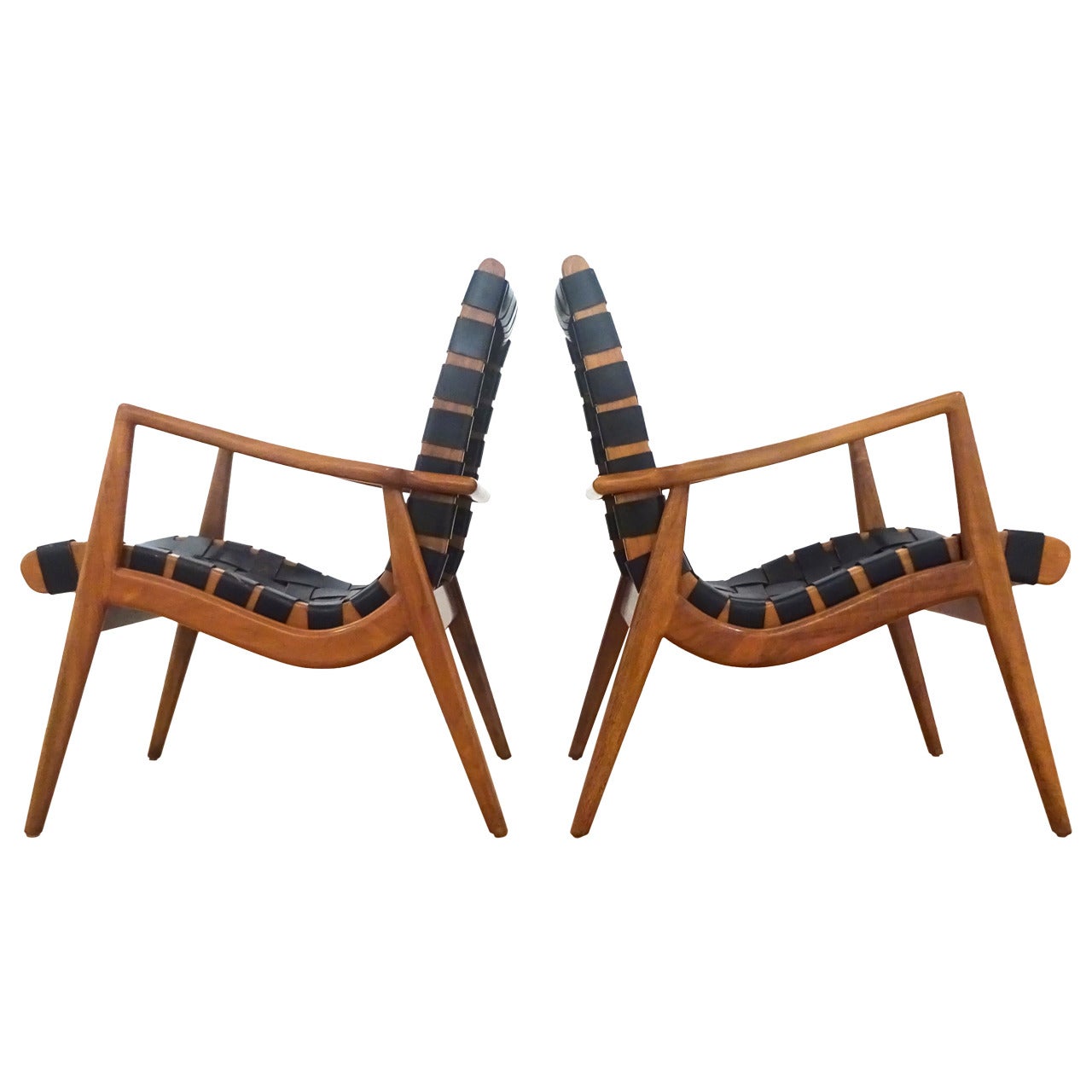 Sculptural Pair of 1950s Mel Smilow Walnut and Leather Lounge Chairs For Sale