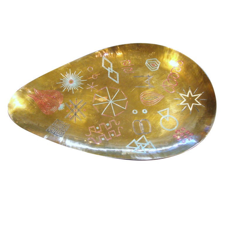 1950
s Indian Etched Hieroglyphic Brass Tray