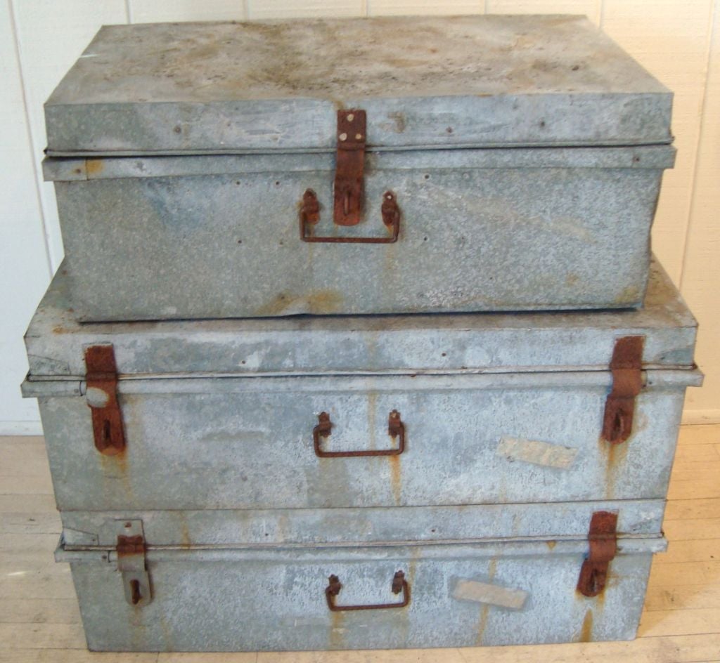 Mid-20th Century Collection of Large Vintage Industrial Zinc Trunks