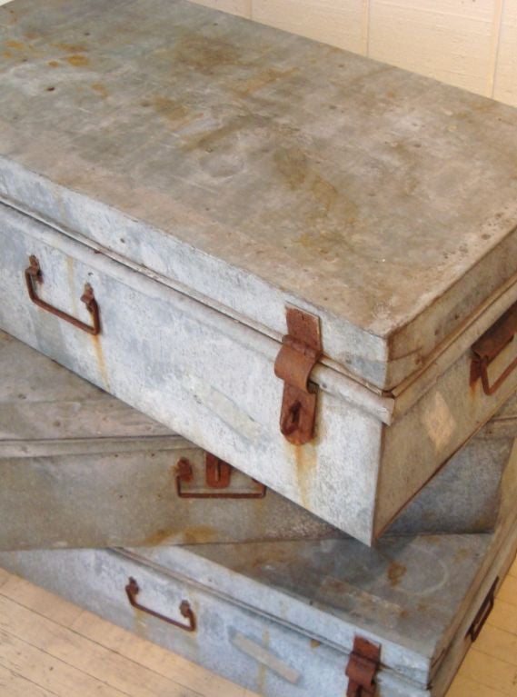 Collection of Large Vintage Industrial Zinc Trunks 1
