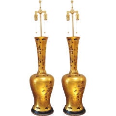 Monumental Pair of 1950's Chinoiserie Gilt Metal Table Lamps