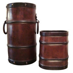 1950s Leather Umbrella Stand and Wastebasket After Jacques Adnet