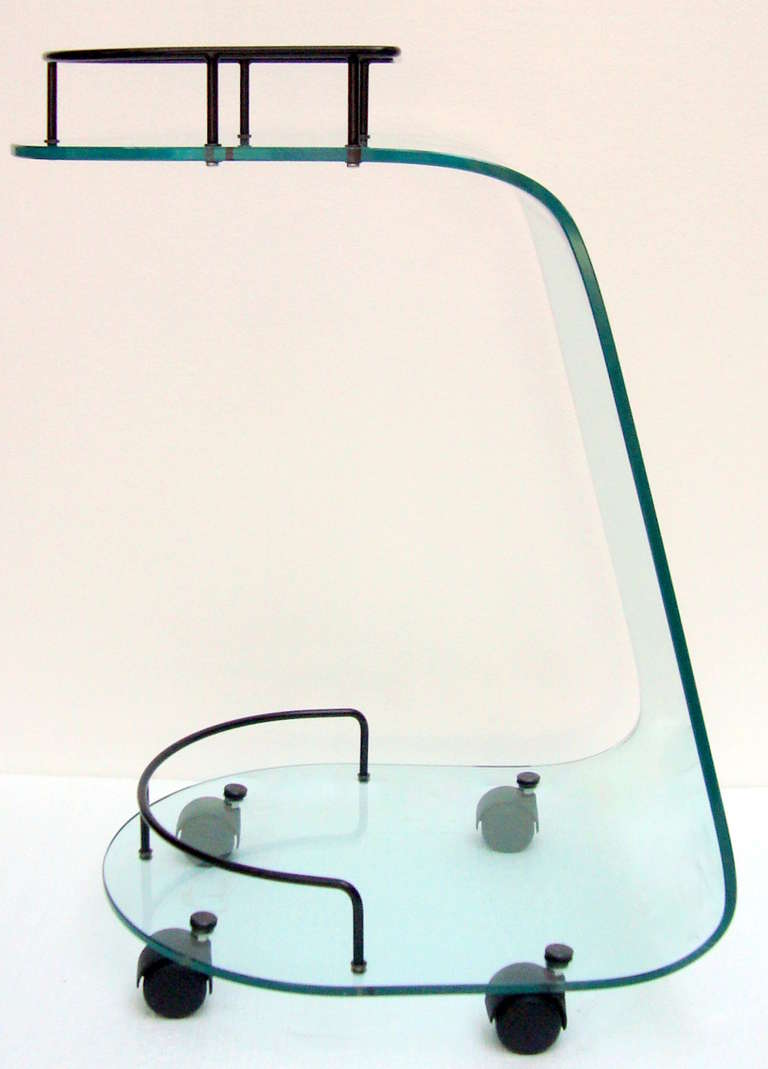 Sleek 1980's Italian Curved Glass Bar Trolley 1