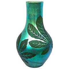 French Deco Iridescent Acid-Etched Art Glass Vase, 1920s