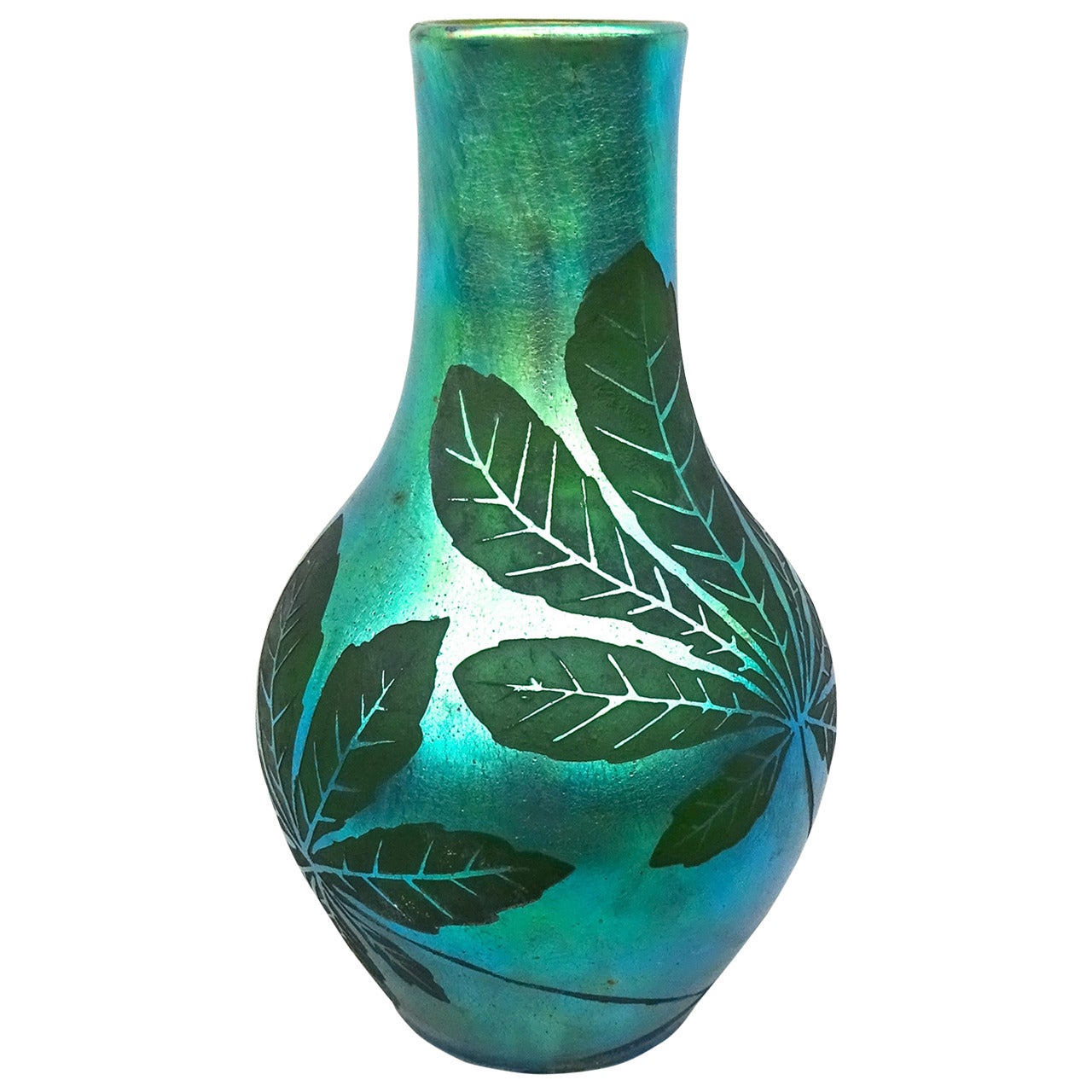 French Deco Iridescent Acid-Etched Art Glass Vase, 1920s For Sale