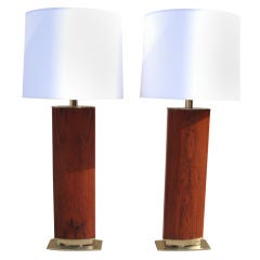 Tall Pair of 1950's Laurel Rosewood and Brass Table Lamps