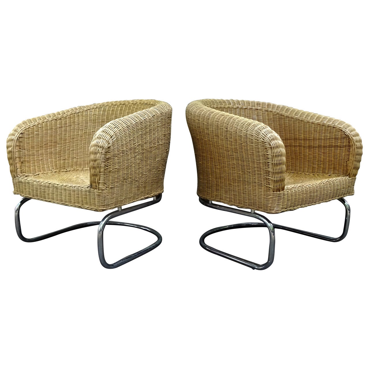 Fabulous Pair of 1970s Italian Wicker and Chrome Lounge Chairs