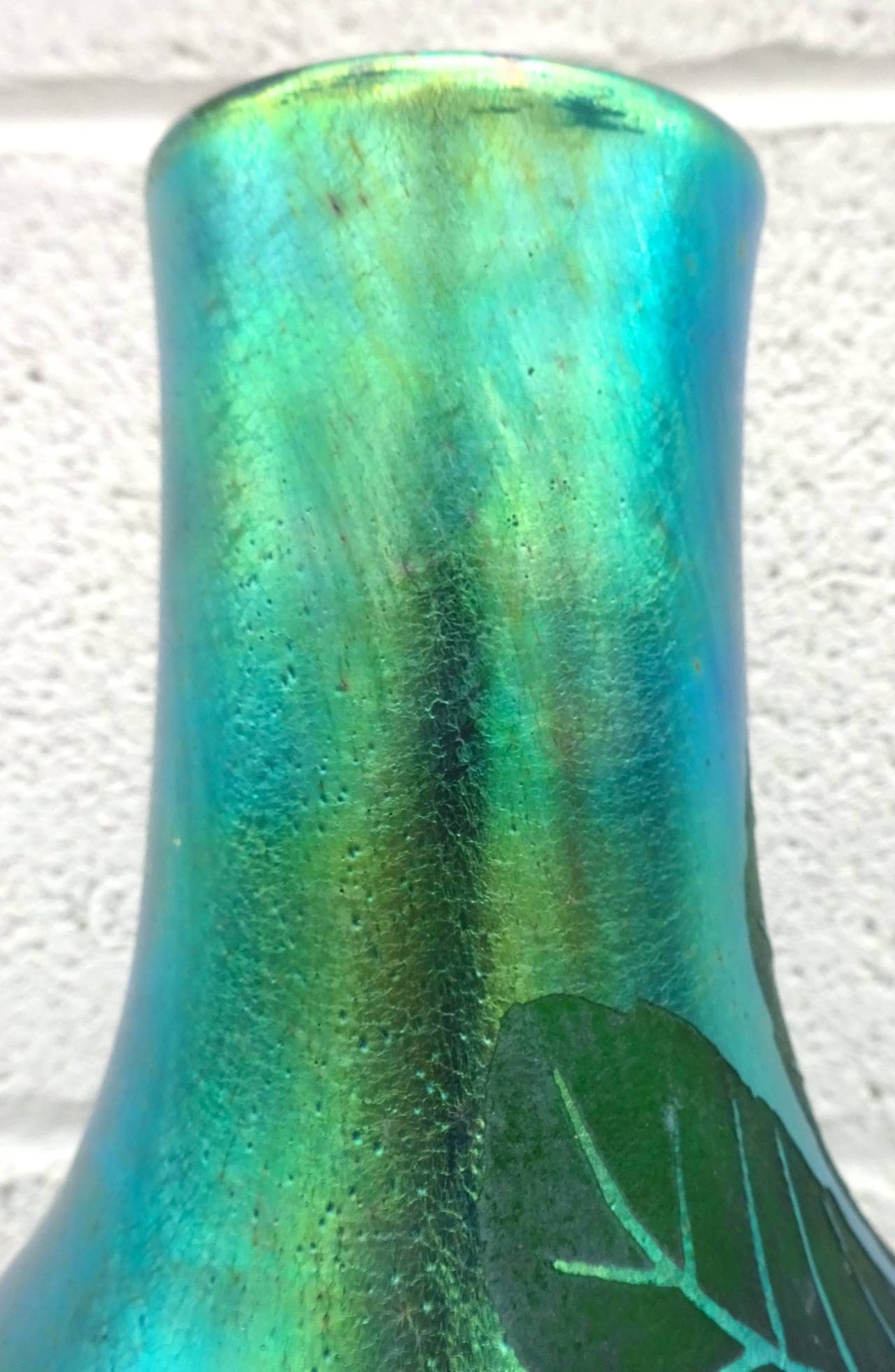 French Deco Iridescent Acid-Etched Art Glass Vase, 1920s For Sale 1