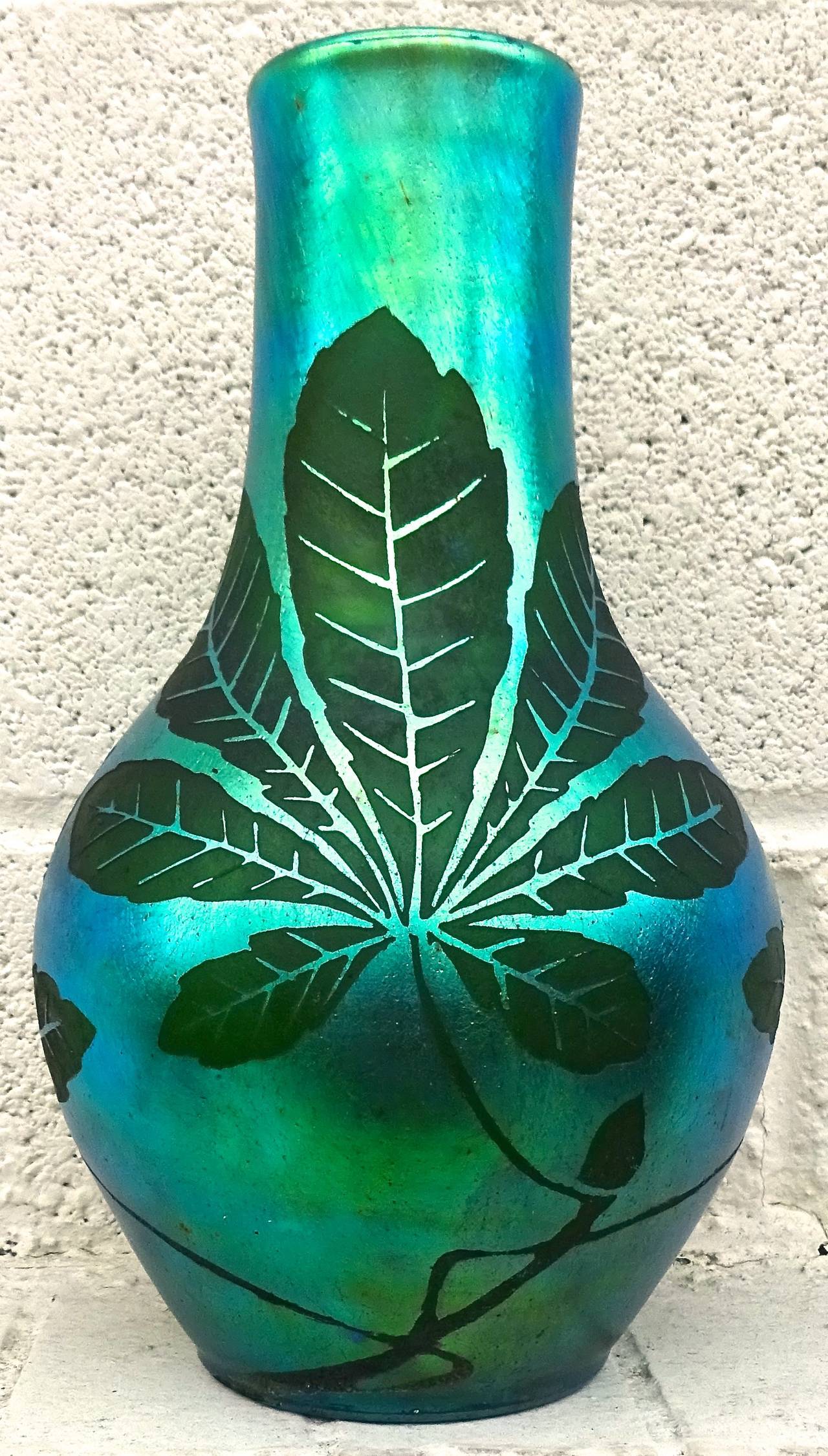 Early 20th Century French Deco Iridescent Acid-Etched Art Glass Vase, 1920s For Sale