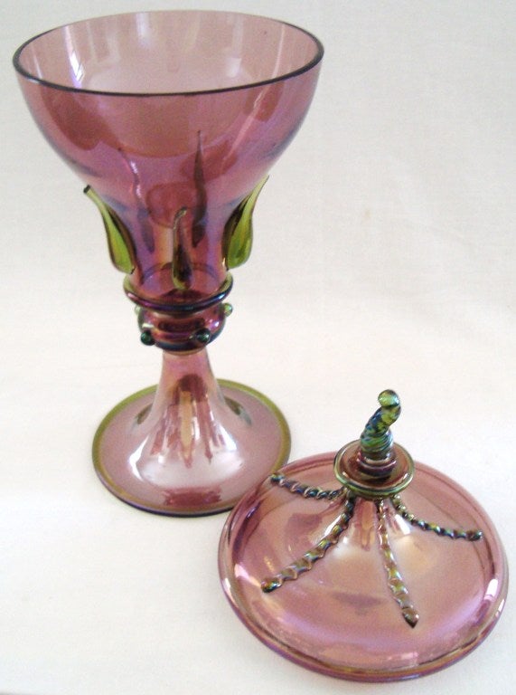 Tall 1940s Murano Iridescent Art Glass Covered Urn 3