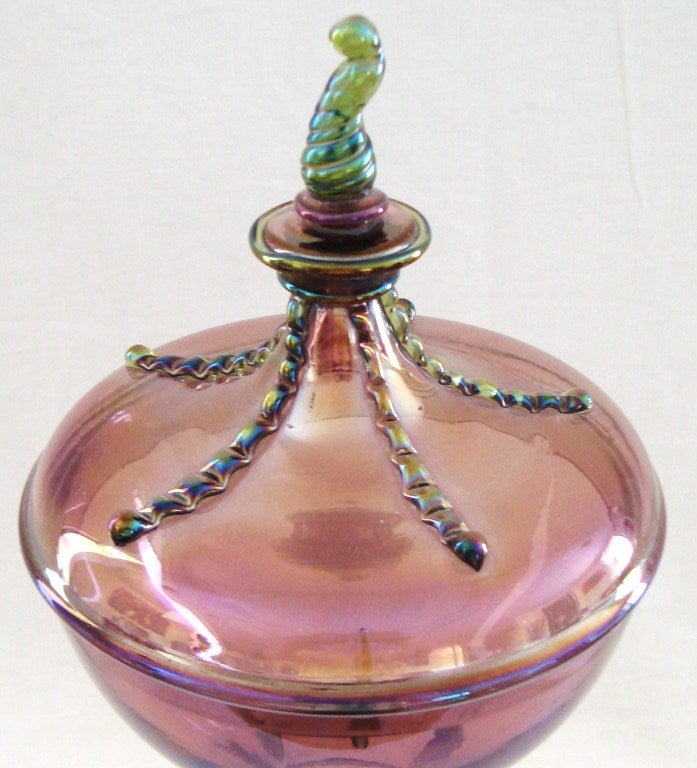 Tall 1940s Murano Iridescent Art Glass Covered Urn 1