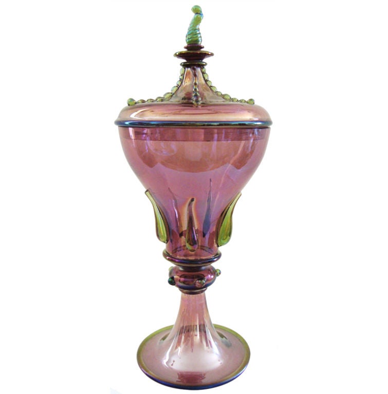 Tall 1940s Murano Iridescent Art Glass Covered Urn