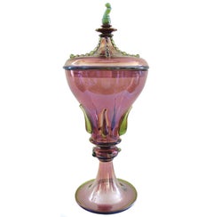 Tall 1940s Murano Iridescent Art Glass Covered Urn