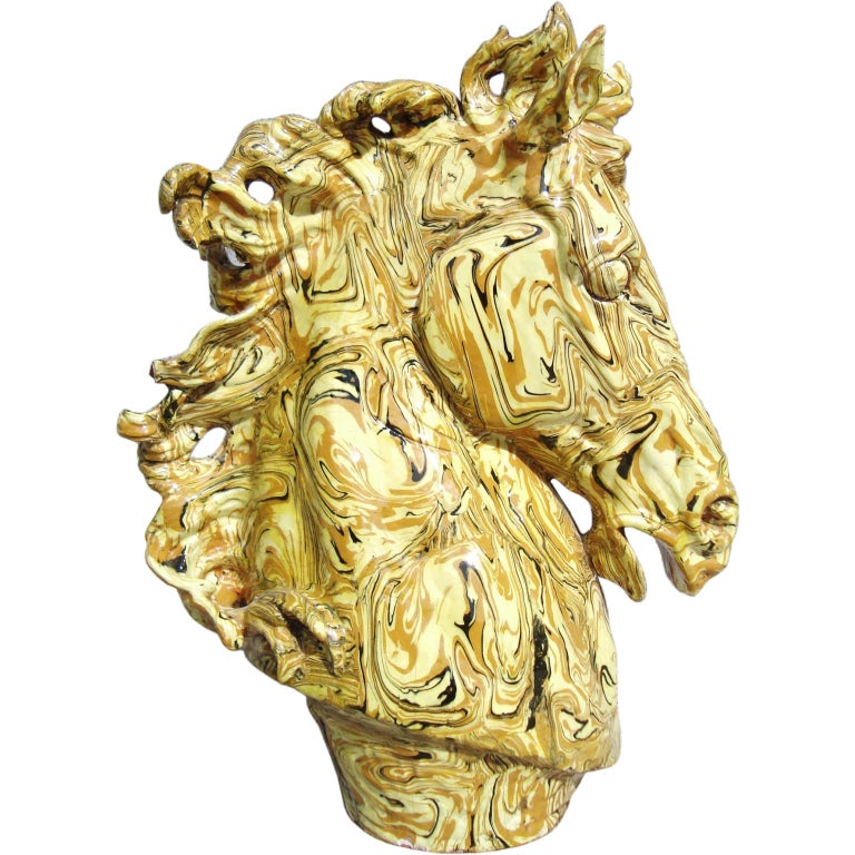 Monumental 1950's Italian Marbleized Ceramic Horse Head Sculpture