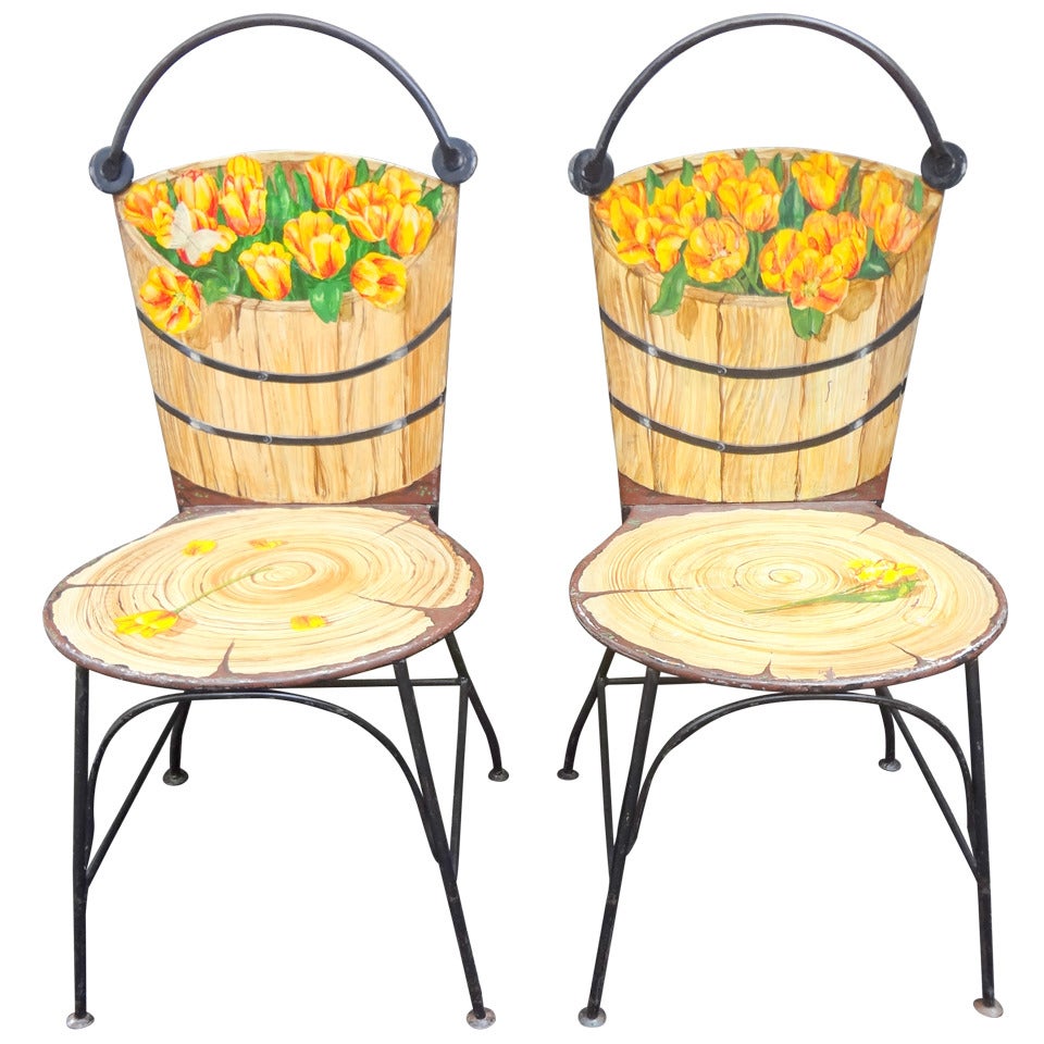 Pair of 1950's John Vesey Trompe L'oeil Painted Iron Chairs For Sale