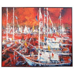 Large 1970s Abstract Expressionist Harbor Scene Acrylic Painting