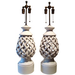 Sculptural Pair of 1950's Italian Woven Ceramic Table Lamps